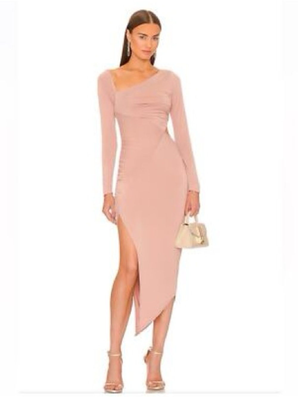 Michael Costello x Revolve One-Shoulder Long Sleeve Midi Dress in Blush